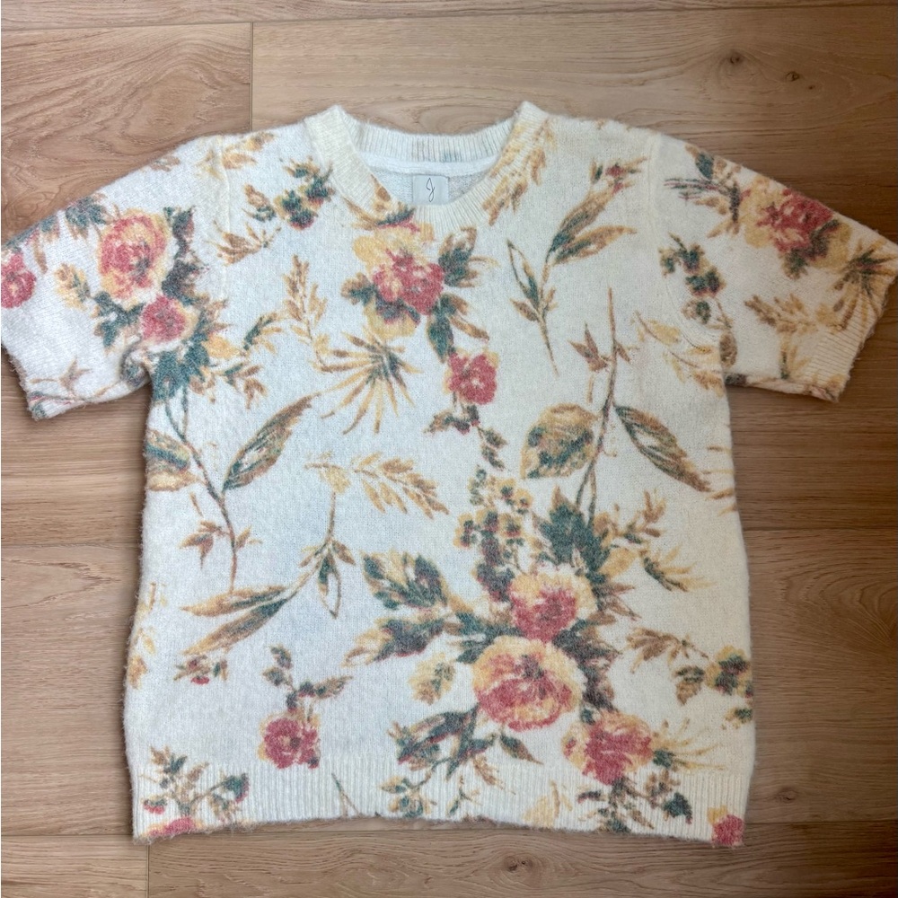 Joie Women’s Floral Cottagecore Creamy White Short Sleeve Knit Sweater Botanical